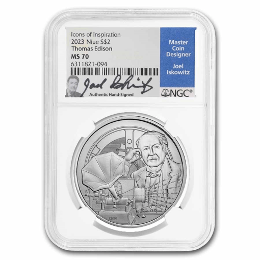 2023年 (新品) ニウエ「アイコン・トーマス・エジソン」純銀 1オンス 銀貨 NGC MS70