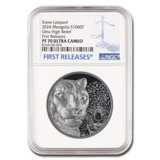 2024年 (新品) モンゴル「ユキヒョウ」純銀 2オンス NGC PF70 ウルトラカメオ プルーフ 銀貨 (ファーストリリース)