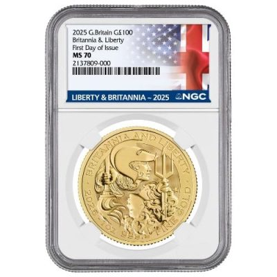 2025年 (新品) イギリス「ブリタニアと自由の女神」純金 1オンス 金貨 NGC MS70