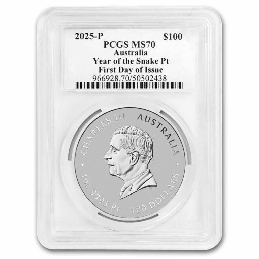 2025年 (新品) オーストラリア「 干支 十二支・巳年 蛇年」純プラチナ 1オンス プラチナ貨 PCGS MS70 (発行初日、レッドレーベル) - 画像 (2)