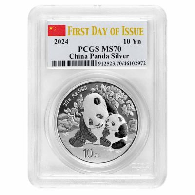 2024年 (新品) 中国「パンダ」純銀 30グラム 銀貨 PCGS MS70 (発行初日、国旗ラベル)